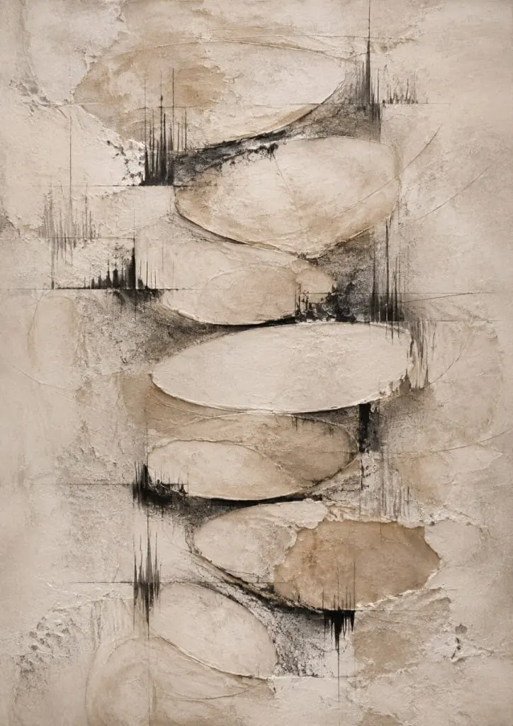 Limestone Pulse canvas print in cream, sand and charcoal, framed