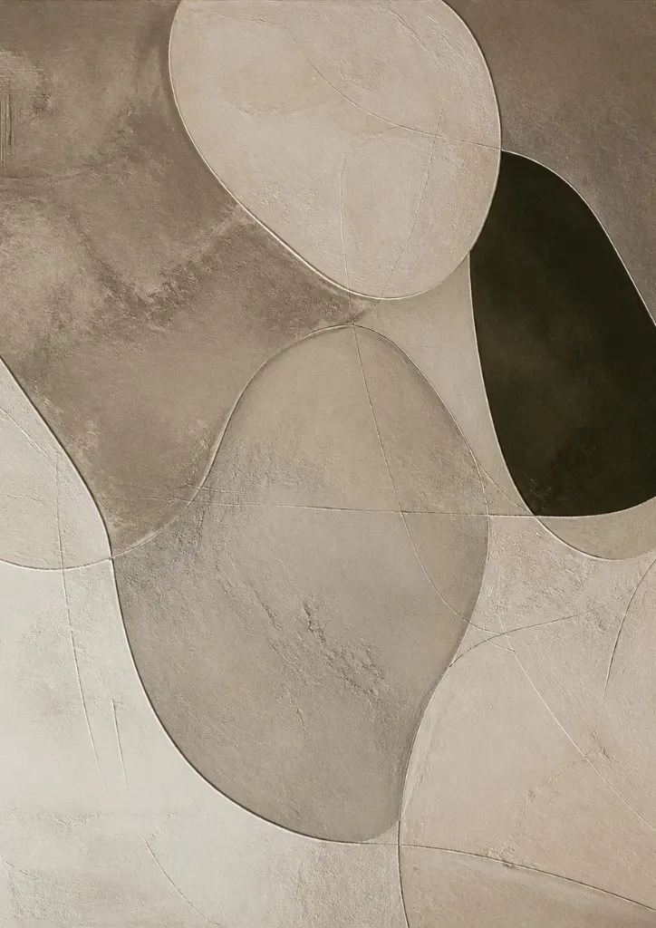 Quiet Stone canvas print in taupe, ivory and dark olive, framed