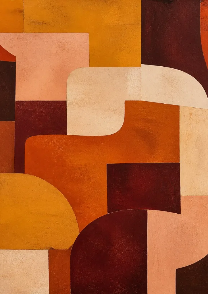 Saffron Geometry canvas print in saffron, oxblood and cream, framed