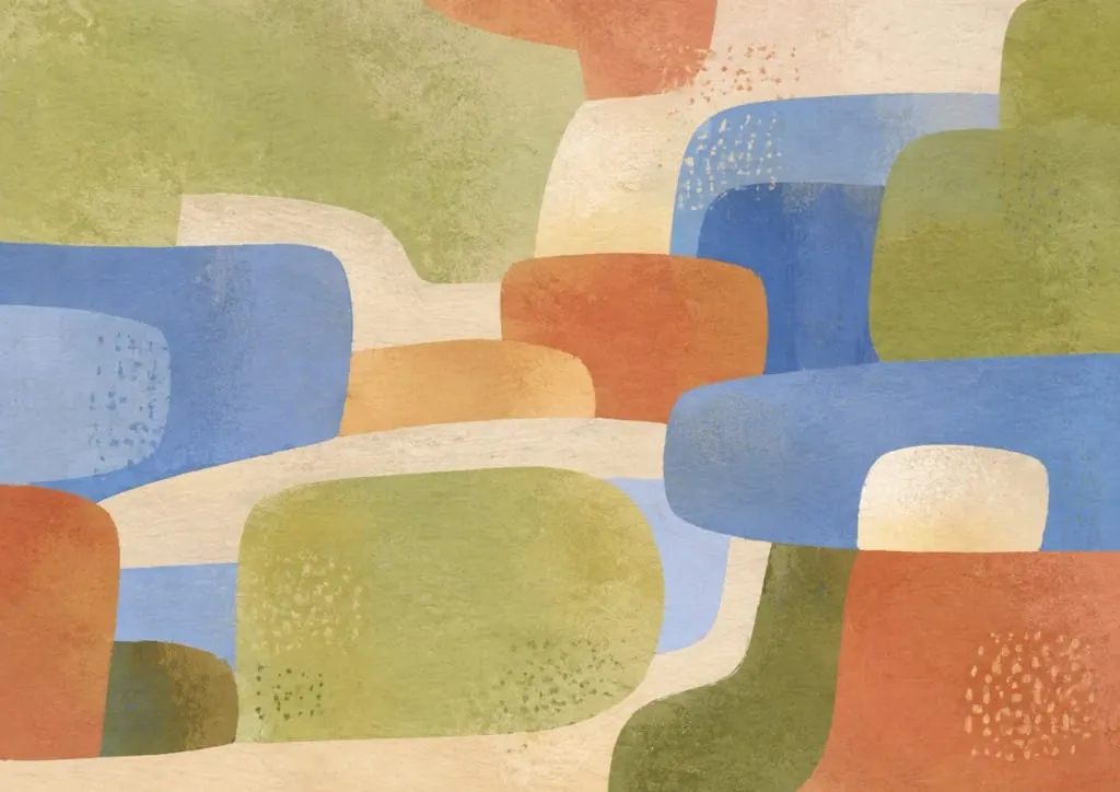 Soft Geometry canvas print in sage, dusty blue and terracotta, framed