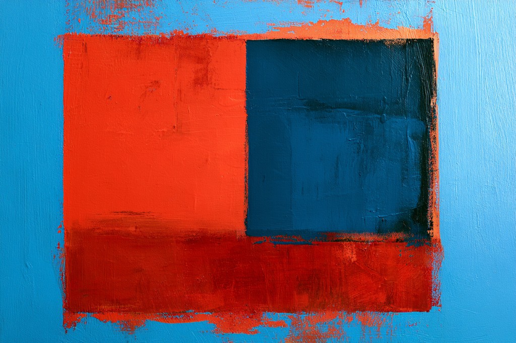 Electric Blocks canvas print in vivid orange, red, sky blue and deep navy, framed