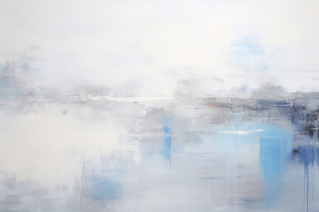 Pale Horizon canvas print in misty blue, soft grey and touches of cobalt, framed