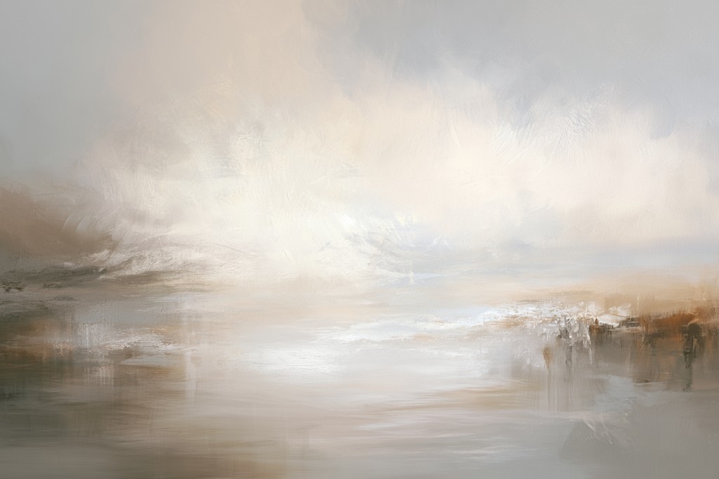 Quiet Horizon canvas print in warm cream, taupe, soft grey and muted earth tones, framed